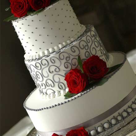 red, silver, and black wedding cakes